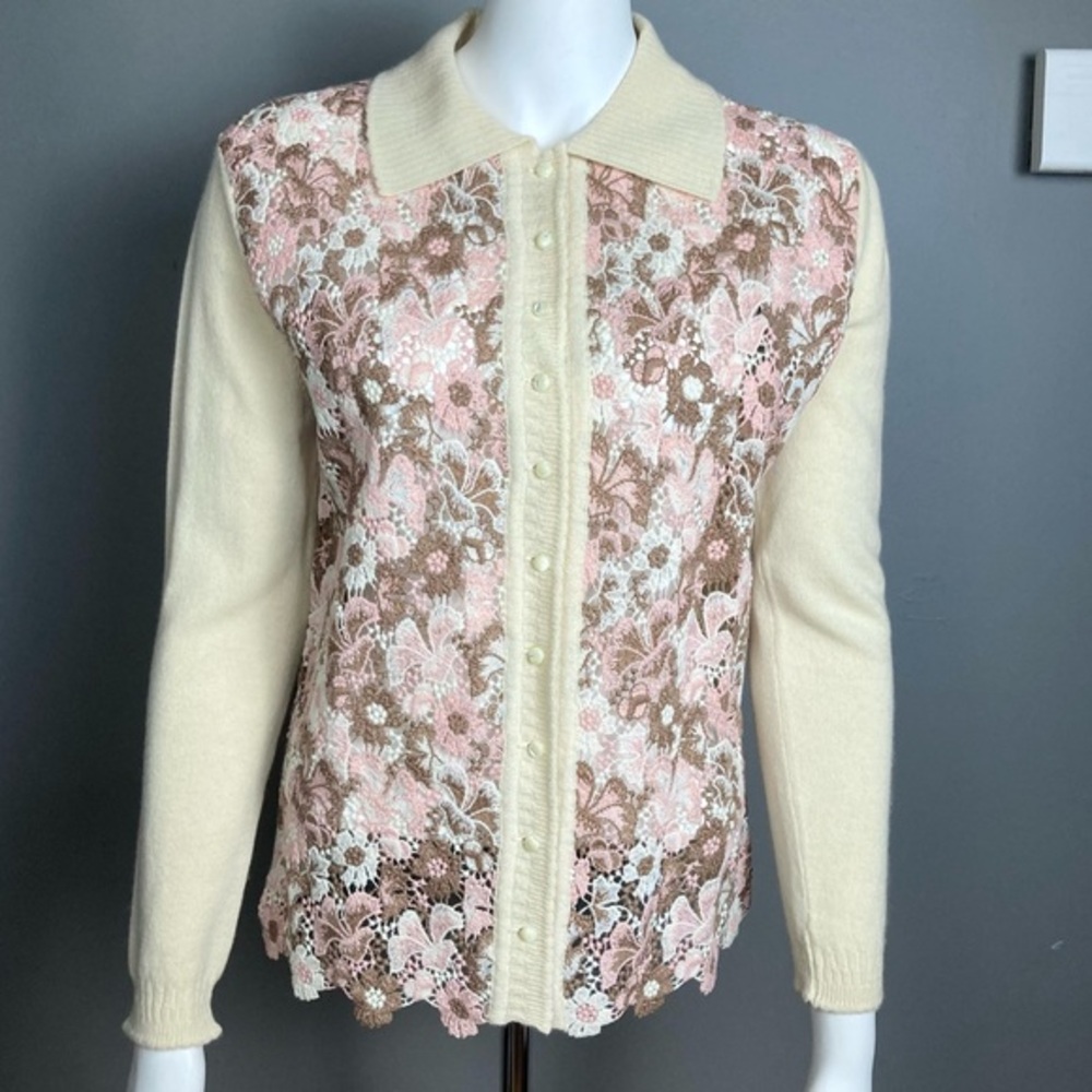 N.Peal‎ London Cashmere cardigan sweater Medium 44 lace applique minimalist
